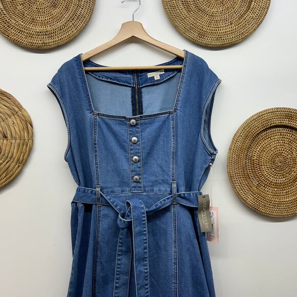NEW $130 NY&C Eva Mendes Idalia Denim Midi Dress Plus Size XXL Blue Belt Button - Picture 3 of 7